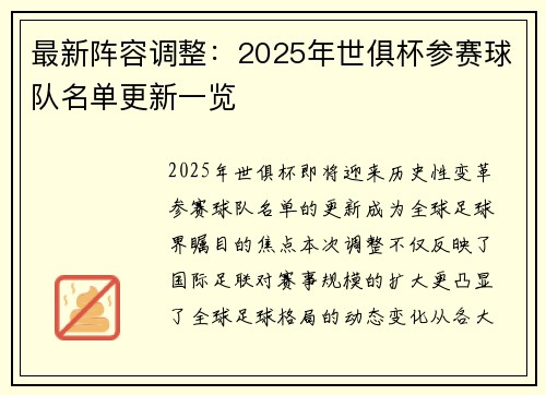 最新阵容调整：2025年世俱杯参赛球队名单更新一览