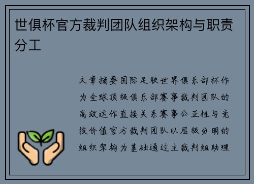 世俱杯官方裁判团队组织架构与职责分工